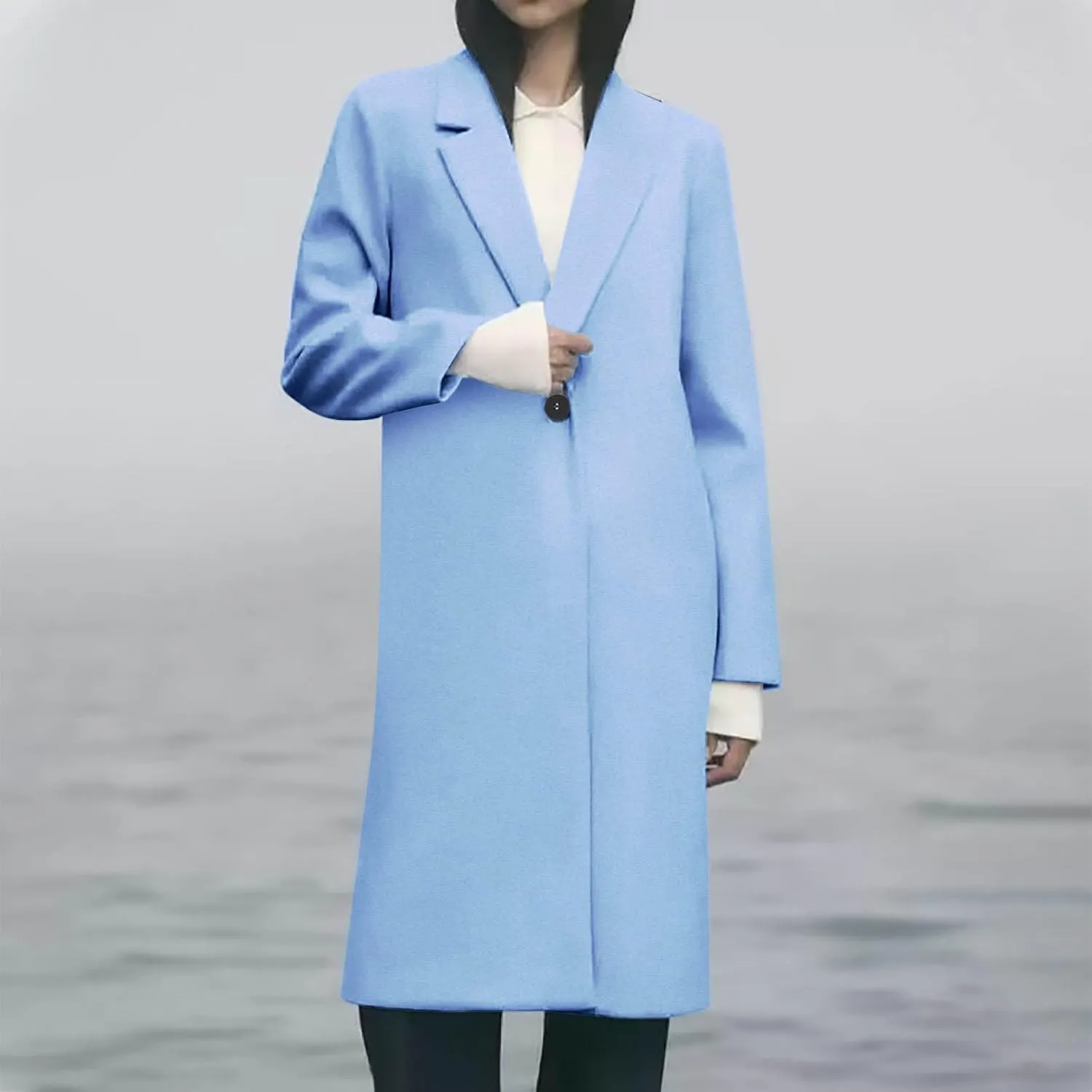 Womens Long Wool Blend Coat Notch Lapel One Button Trench Coat Midi Peacoat Outerwear Fall Winter Clothes