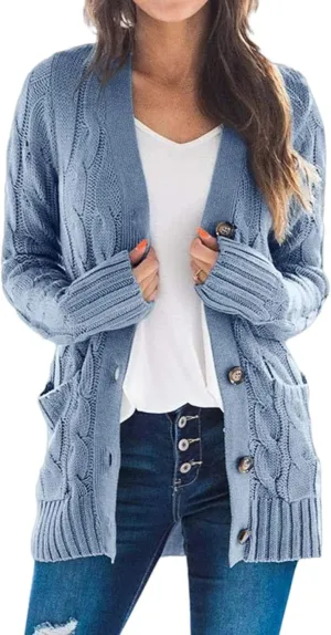 Womens Open Front Cardigan Sweater Cable Knit Chunky Outerwear Coats Button Down Cardigans
