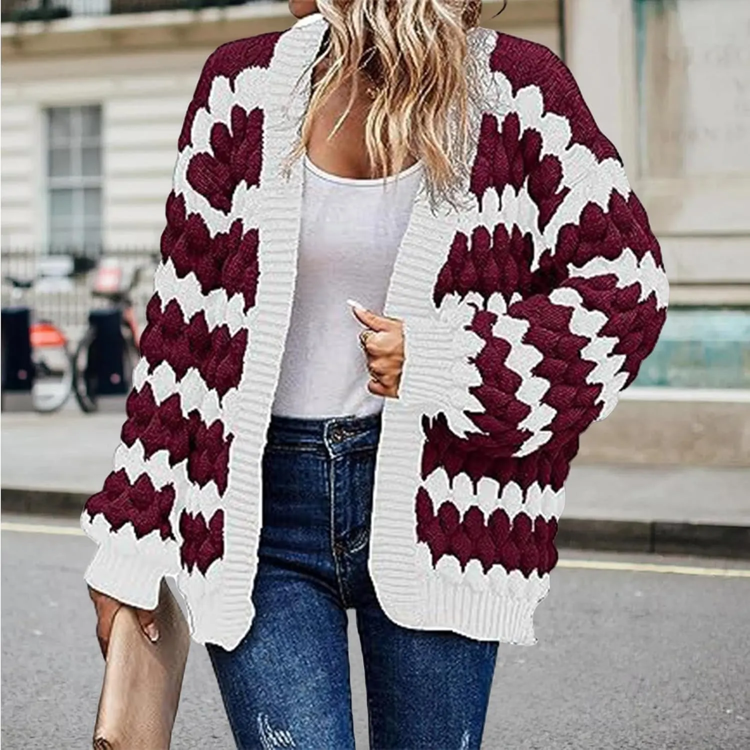 Womens Open Front Cardigan Sweater Oversized Chunky Lantern Sleeve Striped Color Block Sweater Coats