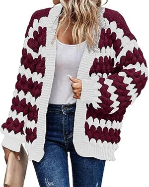 Womens Open Front Cardigan Sweater Oversized Chunky Lantern Sleeve Striped Color Block Sweater Coats