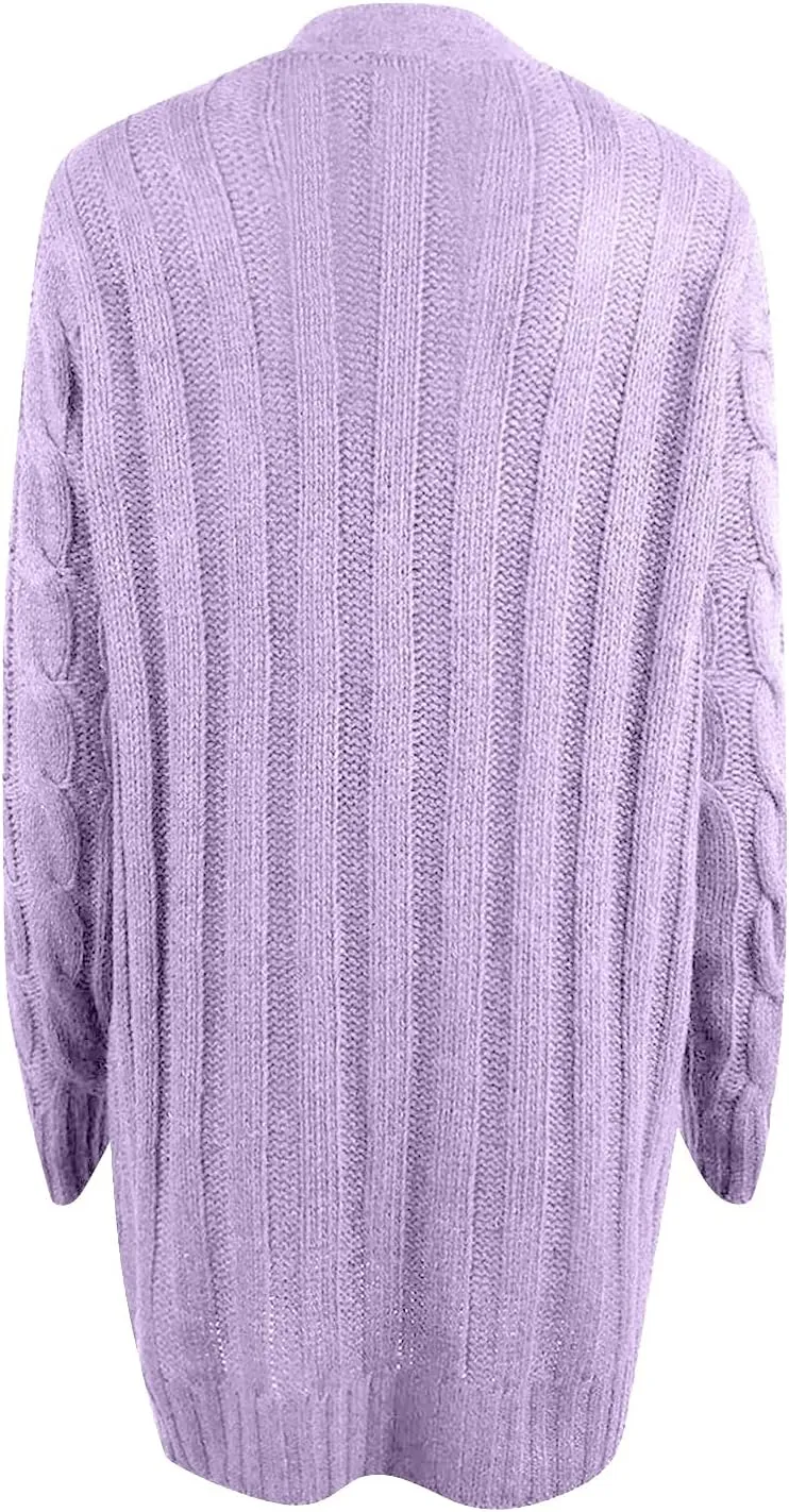 Women's Open Front Cardigan Sweaters Trendy Solid Button Cable Knit Chunky Winter Outerwear Coats with Pocket