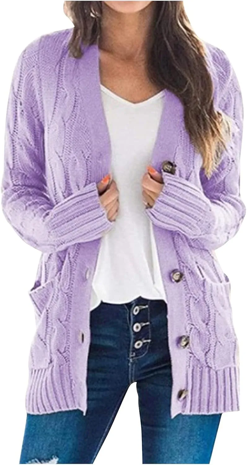 Women's Open Front Cardigan Sweaters Trendy Solid Button Cable Knit Chunky Winter Outerwear Coats with Pocket