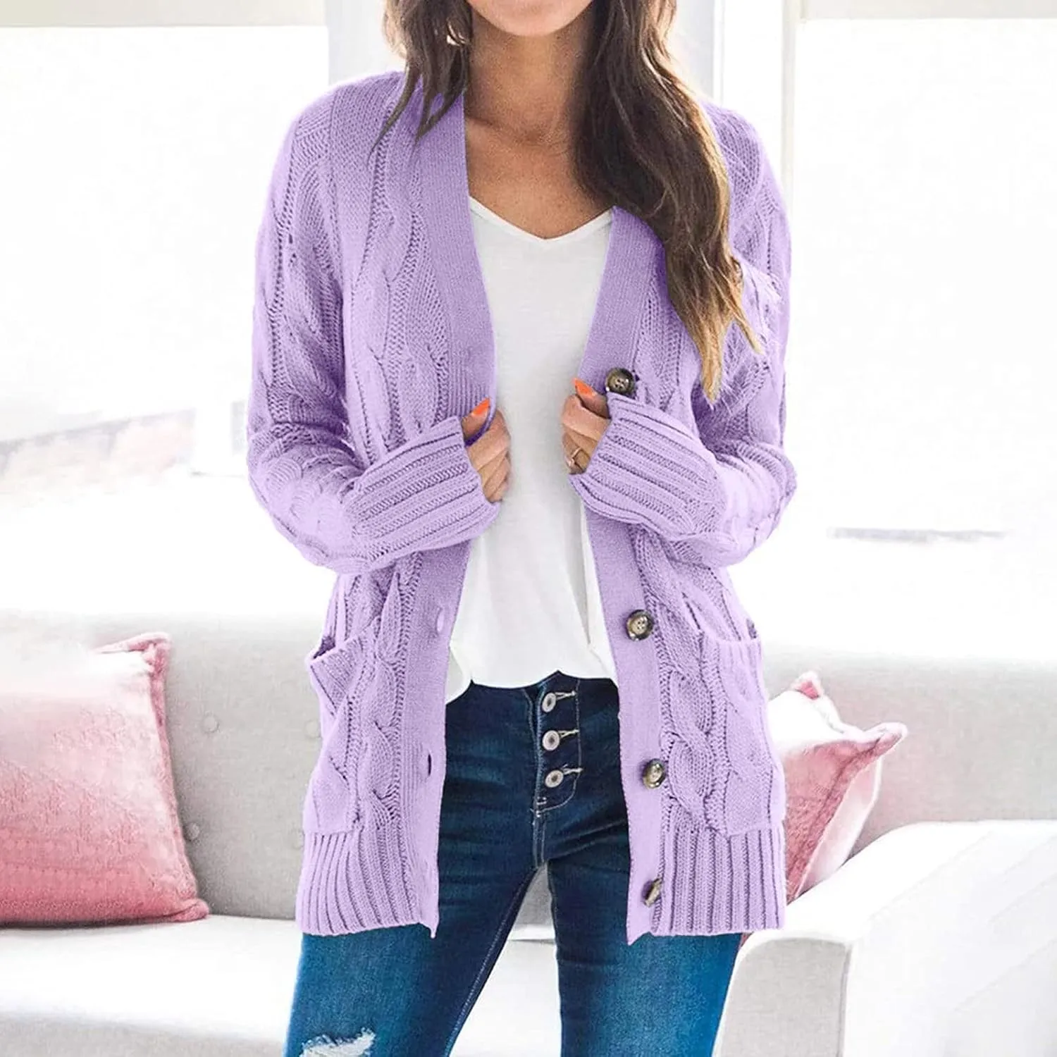 Women's Open Front Cardigan Sweaters Trendy Solid Button Cable Knit Chunky Winter Outerwear Coats with Pocket