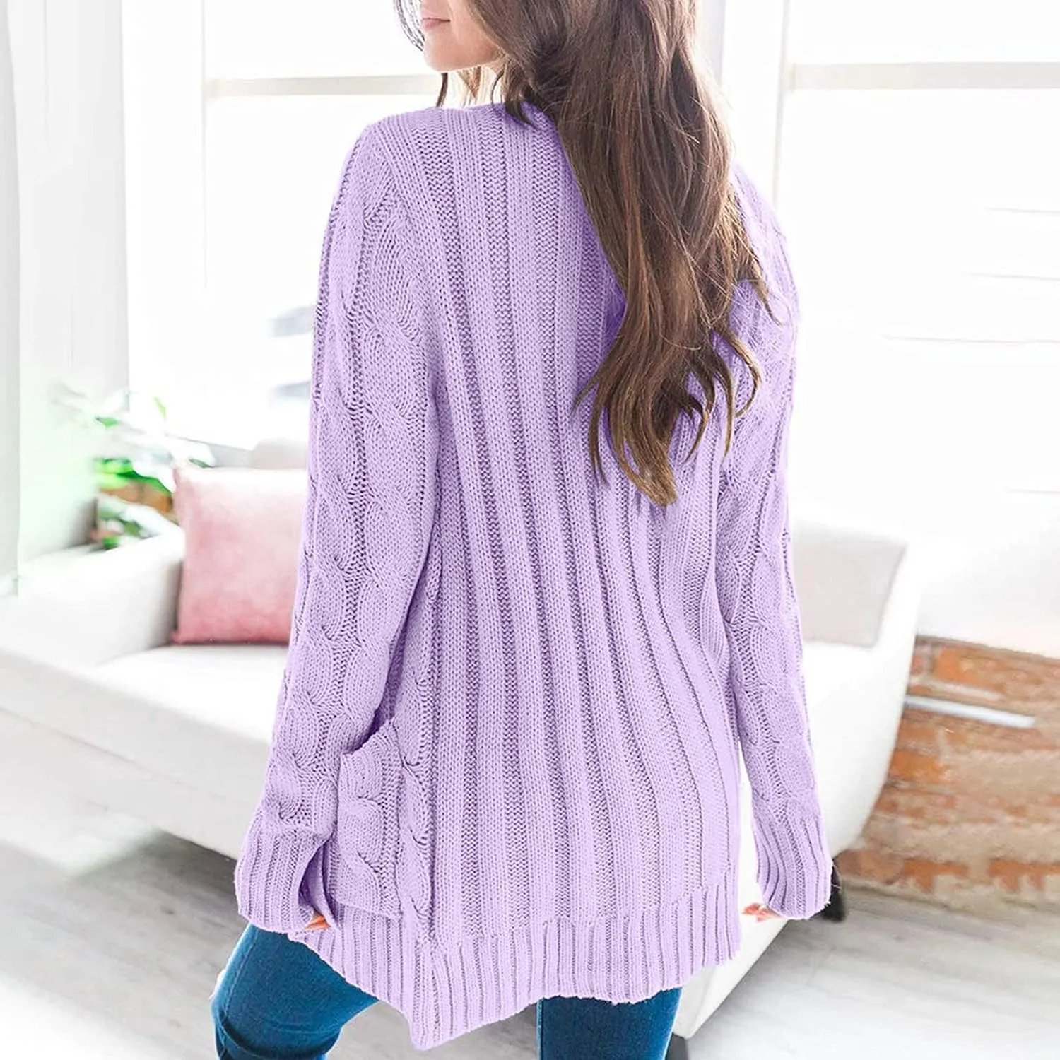 Women's Open Front Cardigan Sweaters Trendy Solid Button Cable Knit Chunky Winter Outerwear Coats with Pocket