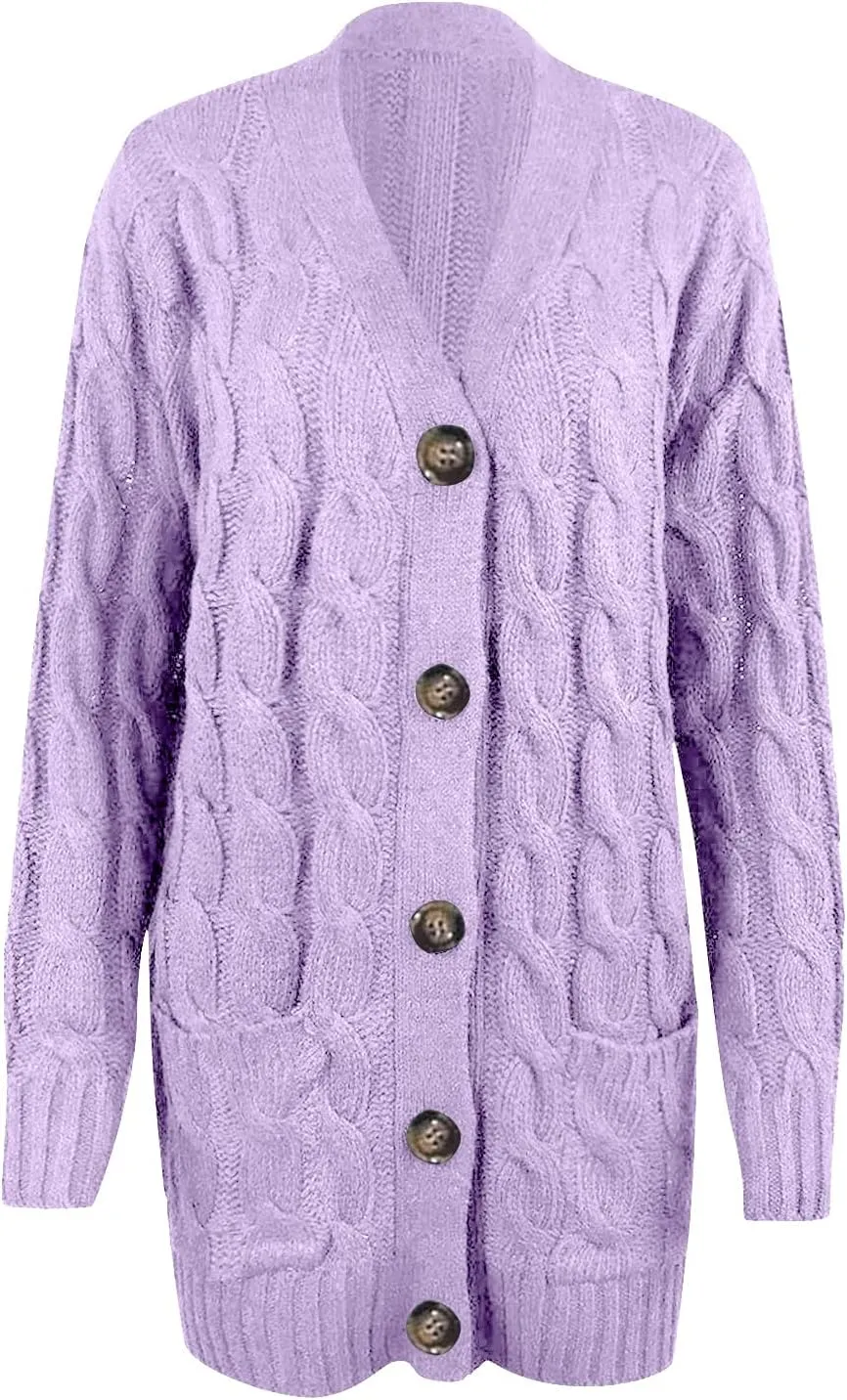 Women's Open Front Cardigan Sweaters Trendy Solid Button Cable Knit Chunky Winter Outerwear Coats with Pocket