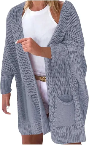 Womens Open Front Sweater Oversized Chunky Long Sleeve Knitted Long Cardigan Buttonless Lounge Outerwear with Pockets