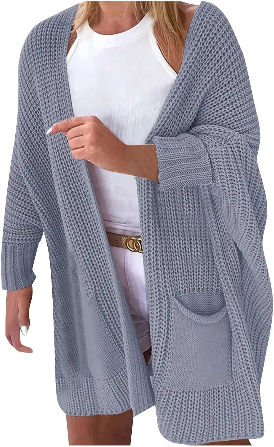 Womens Open Front Sweater Oversized Chunky Long Sleeve Knitted Long Cardigan Buttonless Lounge Outerwear with Pockets