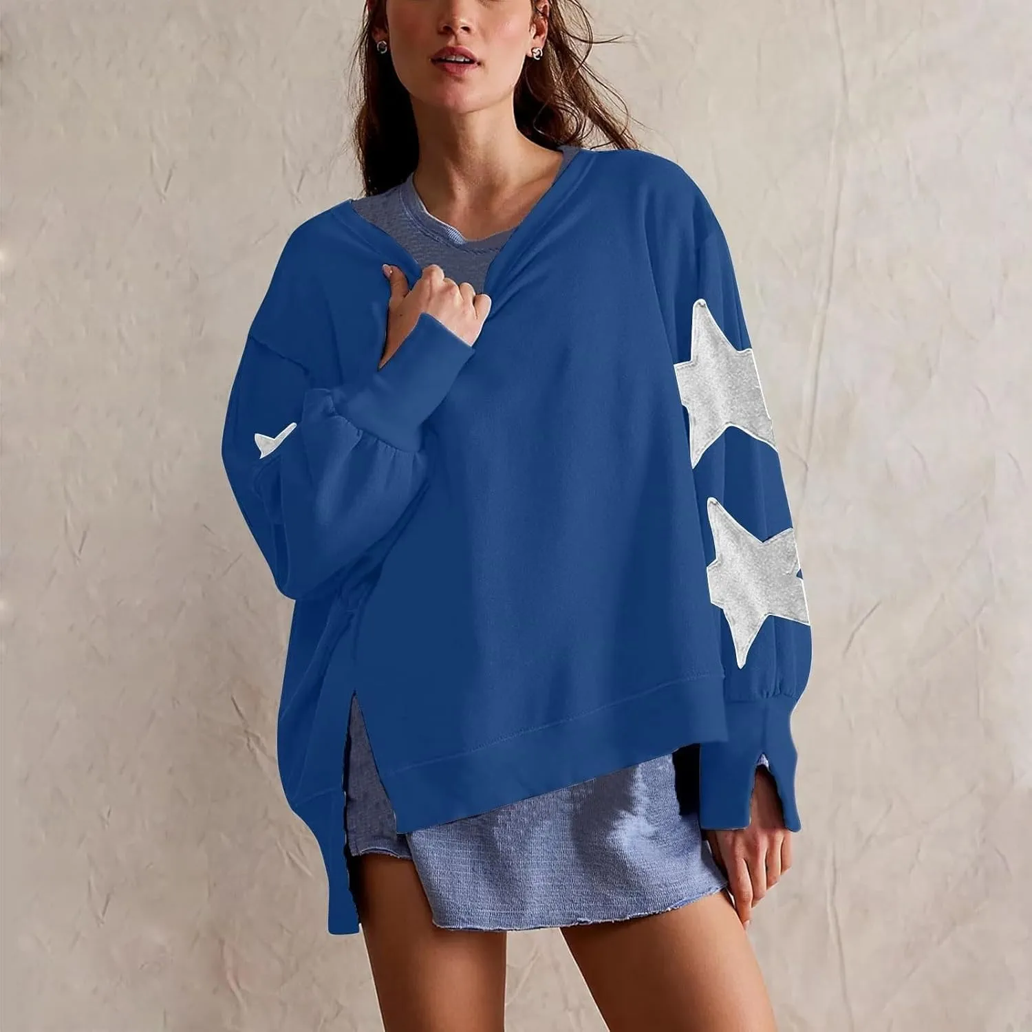 Women's Oversized Crewneck Sweatshirt Striped Star Long Sleeve Side Slit Pullover Sweatshirts Vintage Y2K Shirt Tops