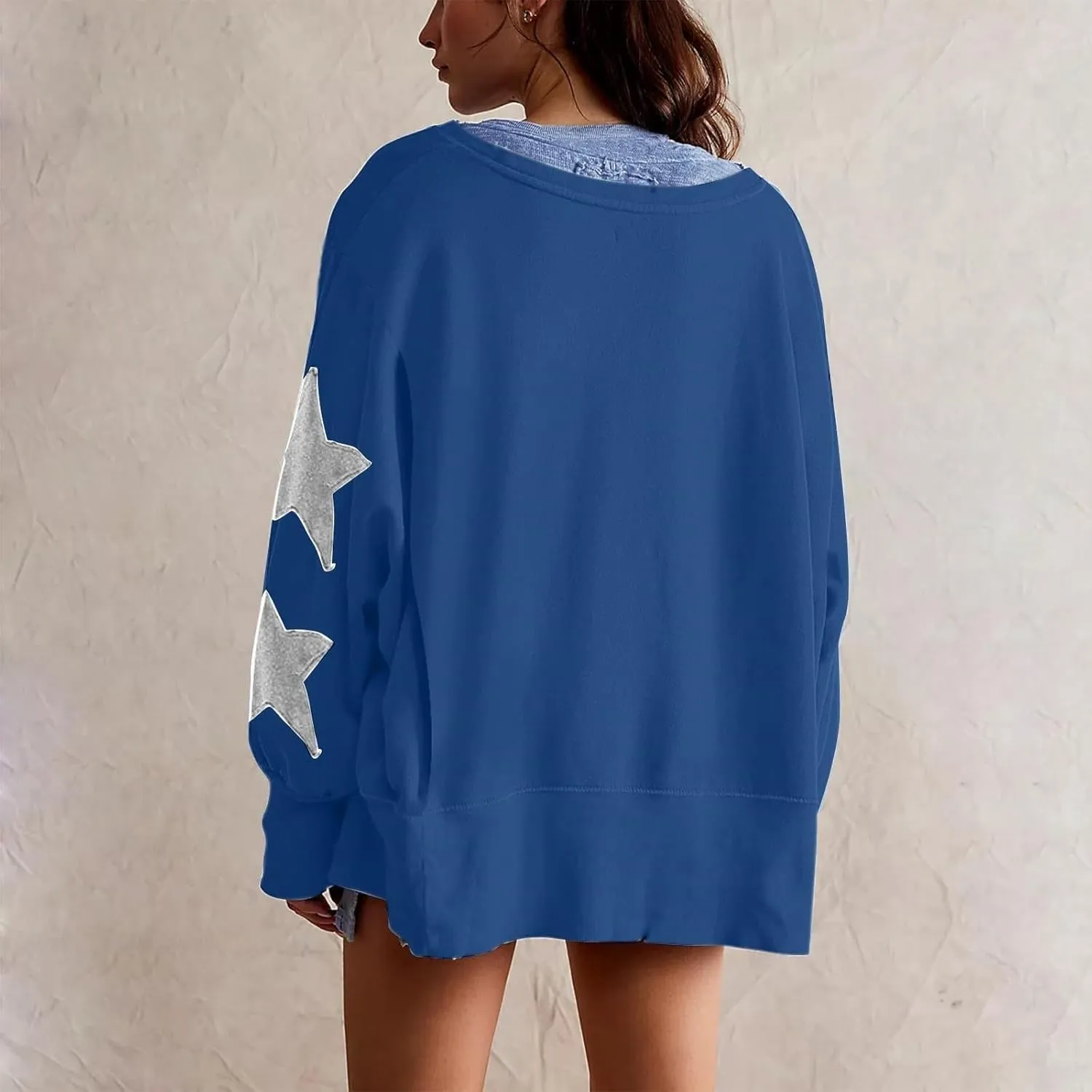 Women's Oversized Crewneck Sweatshirt Striped Star Long Sleeve Side Slit Pullover Sweatshirts Vintage Y2K Shirt Tops