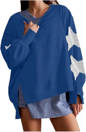 Women's Oversized Crewneck Sweatshirt Striped Star Long Sleeve Side Slit Pullover Sweatshirts Vintage Y2K Shirt Tops