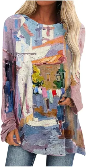 Women's Oversized Graphic Tops Long Sleeve Crewneck Blouses Fashion Tie Dye Print T-shirts Casual Relaxed Fit Tees