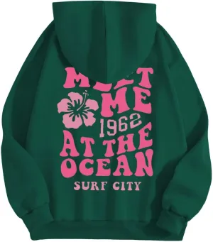 Womens Oversized Hoodies Cute Floral Graphic Hoodie Casual Letter Print Sweatshirt Winter Preppy Pullover Teen Girls