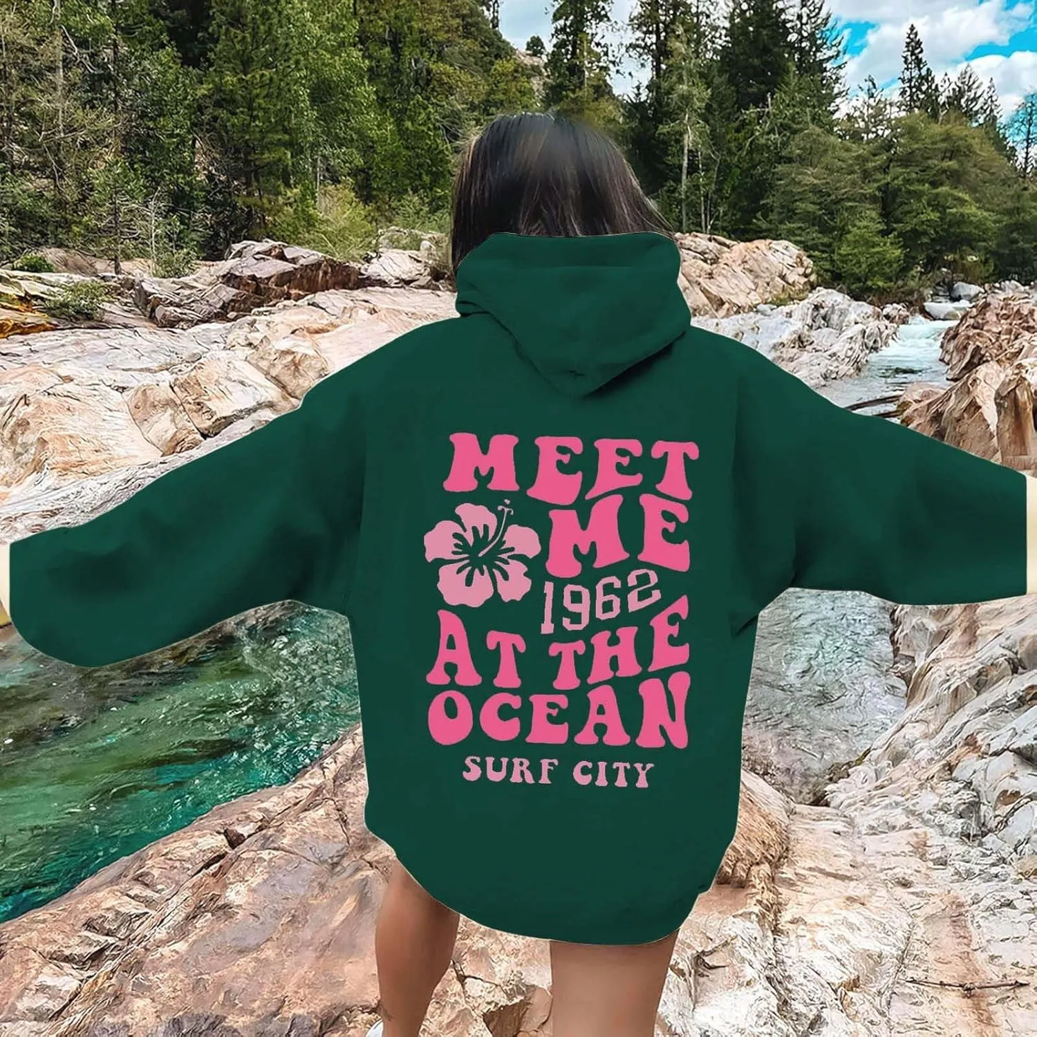 Womens Oversized Hoodies Cute Floral Graphic Hoodie Casual Letter Print Sweatshirt Winter Preppy Pullover Teen Girls