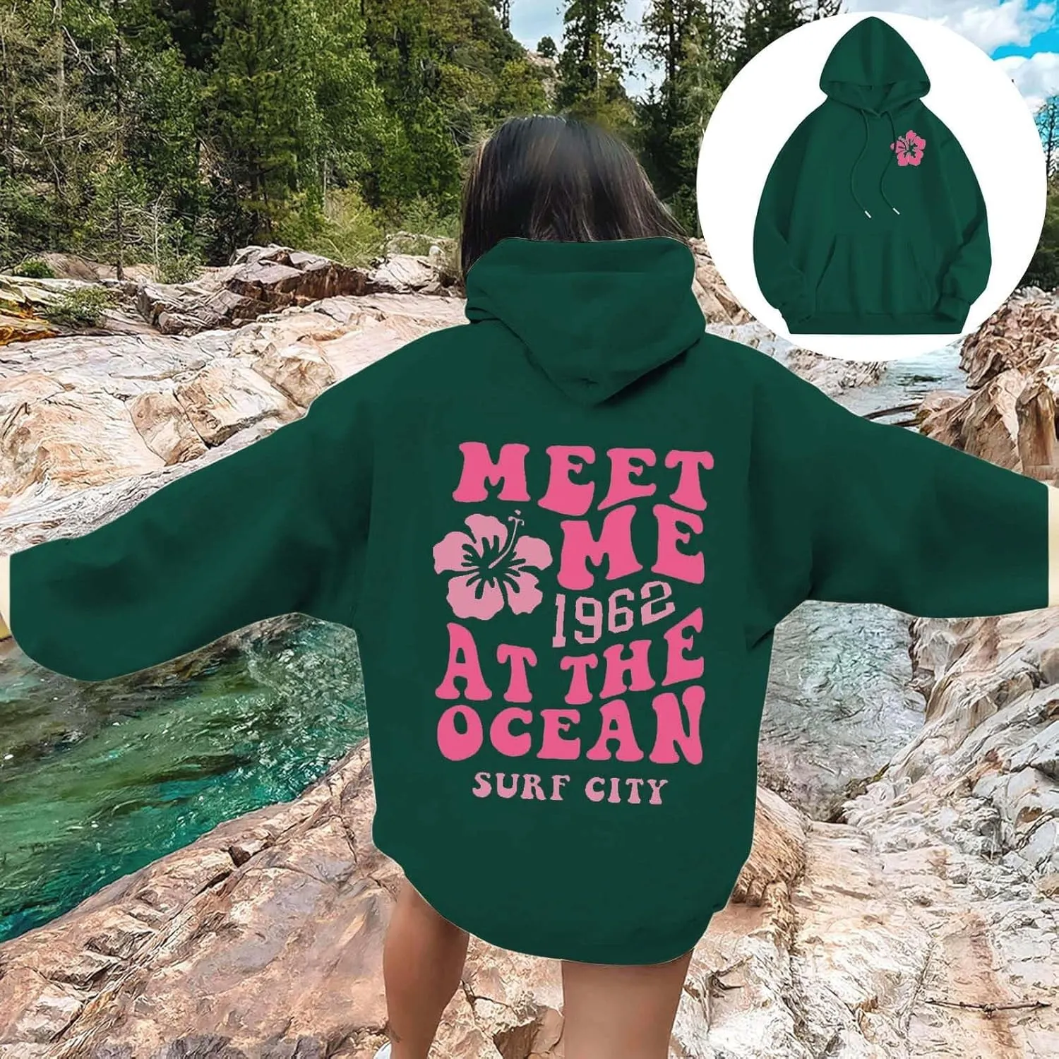 Womens Oversized Hoodies Cute Floral Graphic Hoodie Casual Letter Print Sweatshirt Winter Preppy Pullover Teen Girls