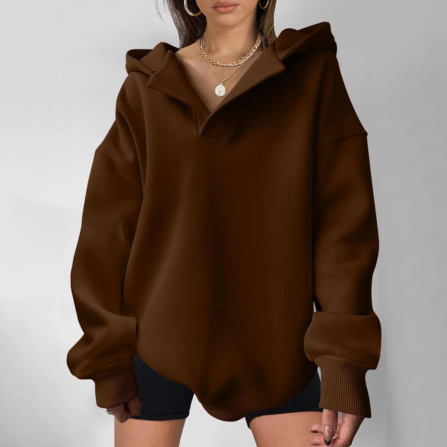 Womens Oversized Hoodies Fleece Long Sleeve Sweatshirts Lapel V Neck Casual Sweaters Pullover Fall Fashion Outfits 2024