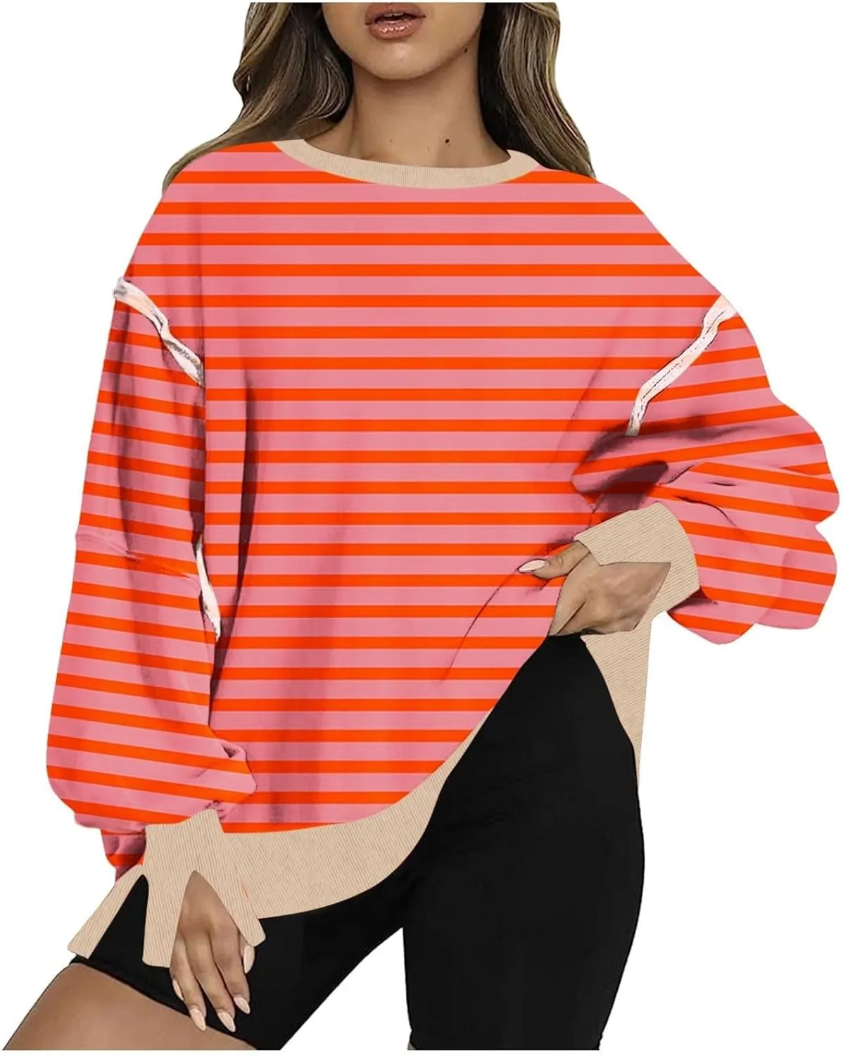 Women's Oversized Pullvoers Loose Fit Striped Drop Shoulder High Low Hem Patchwork Sweatshirt Casual Long Sleeve Tops