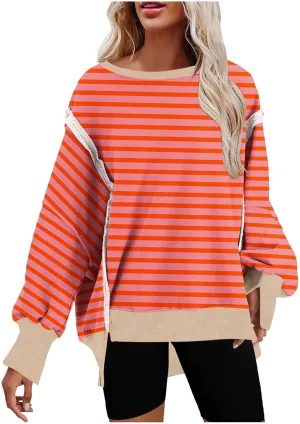 Women's Oversized Pullvoers Loose Fit Striped Drop Shoulder High Low Hem Patchwork Sweatshirt Casual Long Sleeve Tops