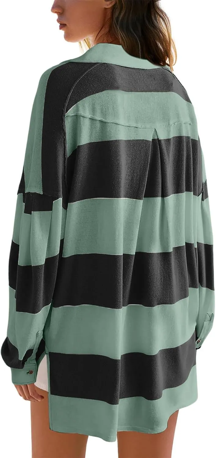 Women's Oversized Sweatshirt Button Striped Graphic Print Pullover Tops Casual Comfy Fashion Sweatshirts