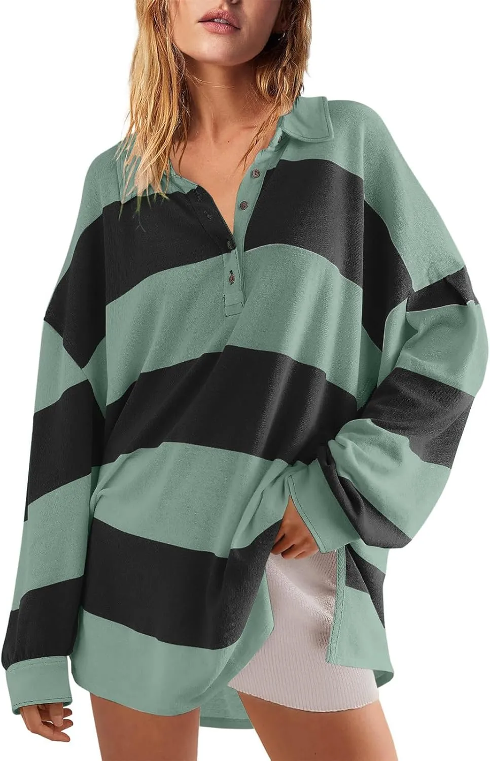 Women's Oversized Sweatshirt Button Striped Graphic Print Pullover Tops Casual Comfy Fashion Sweatshirts