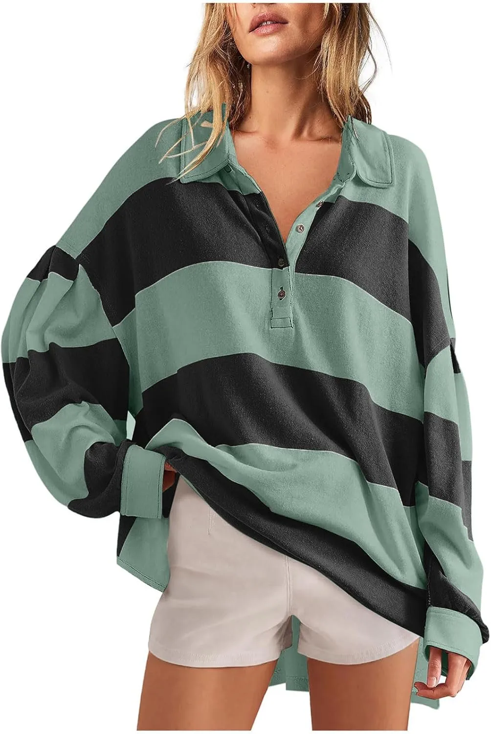 Women's Oversized Sweatshirt Button Striped Graphic Print Pullover Tops Casual Comfy Fashion Sweatshirts