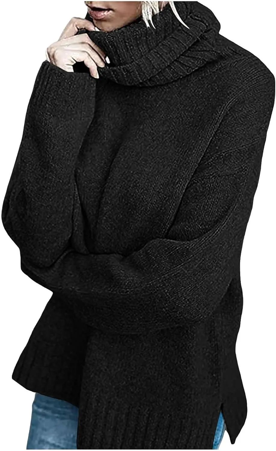Womens Oversized Turtleneck Sweater Cable Knit Long Sleeve Pullover Lightweight Side Slit Tops Fall Outfits