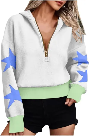Women's Overszied Striped Sweatshirts Long Sleeve Half Zip Up Star Hoodies Winter Tops Y2K Fashion Cropped Clothes