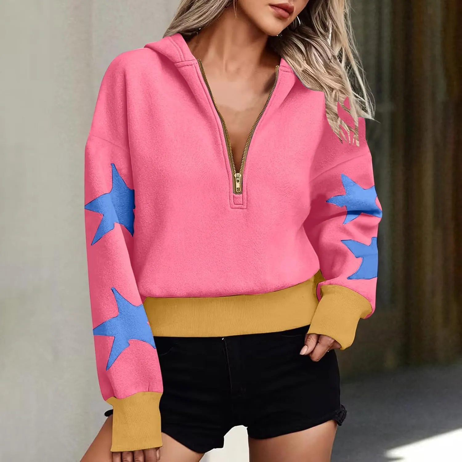 Women's Overszied Striped Sweatshirts Long Sleeve Half Zip Up Star Hoodies Winter Tops Y2K Fashion Cropped Clothes