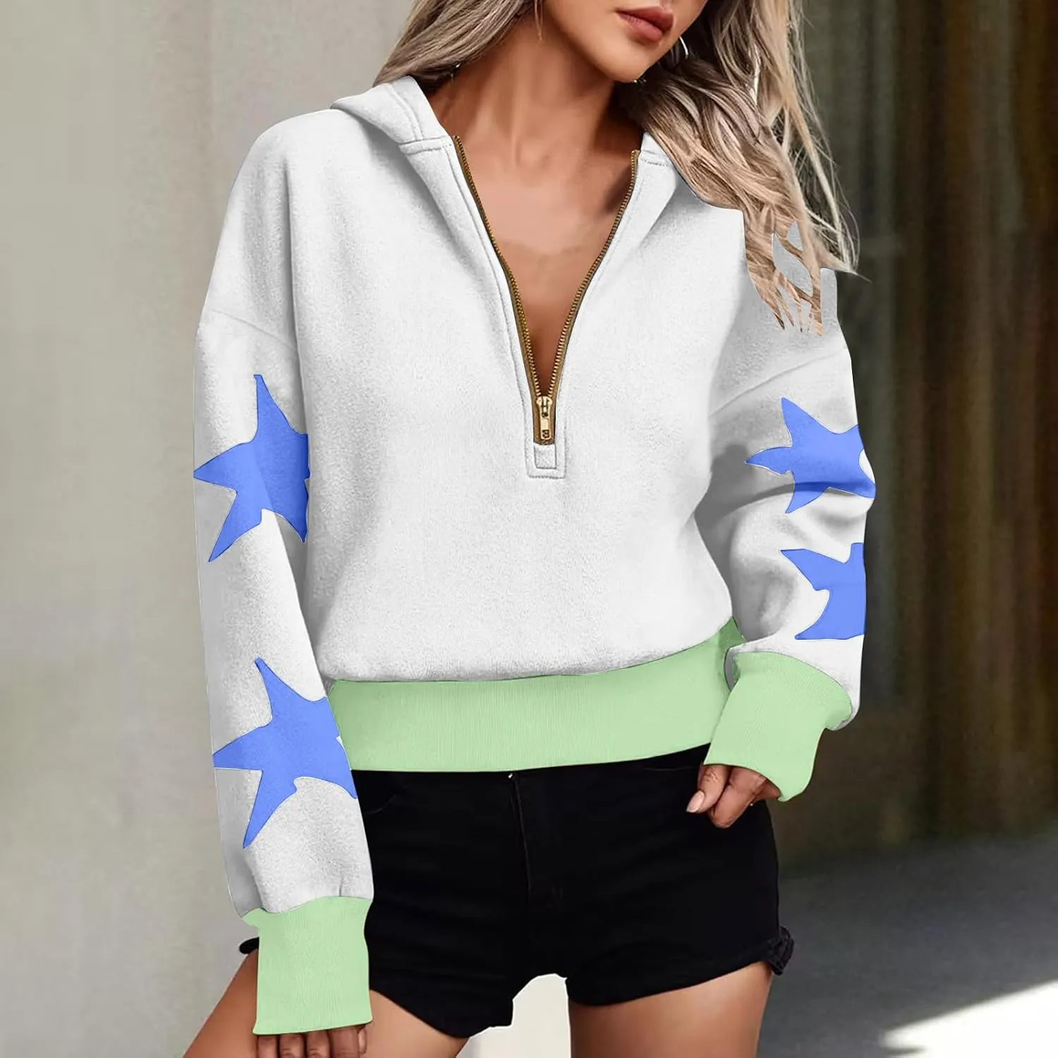 Women's Overszied Striped Sweatshirts Long Sleeve Half Zip Up Star Hoodies Winter Tops Y2K Fashion Cropped Clothes