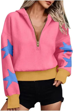 Women's Overszied Striped Sweatshirts Long Sleeve Half Zip Up Star Hoodies Winter Tops Y2K Fashion Cropped Clothes