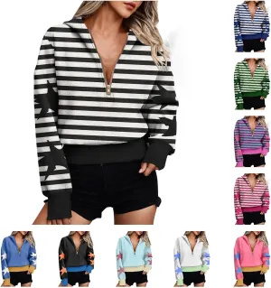 Women's Overszied Striped Sweatshirts Long Sleeve Half Zip Up Star Hoodies Winter Tops Y2K Fashion Cropped Clothes