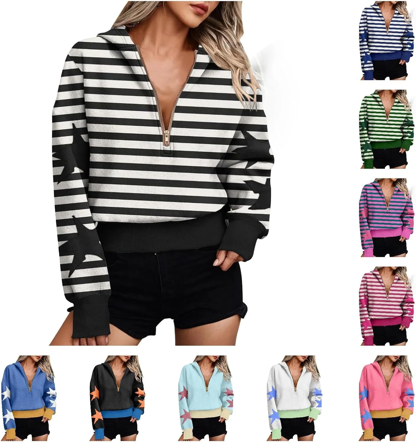 Women's Overszied Striped Sweatshirts Long Sleeve Half Zip Up Star Hoodies Winter Tops Y2K Fashion Cropped Clothes