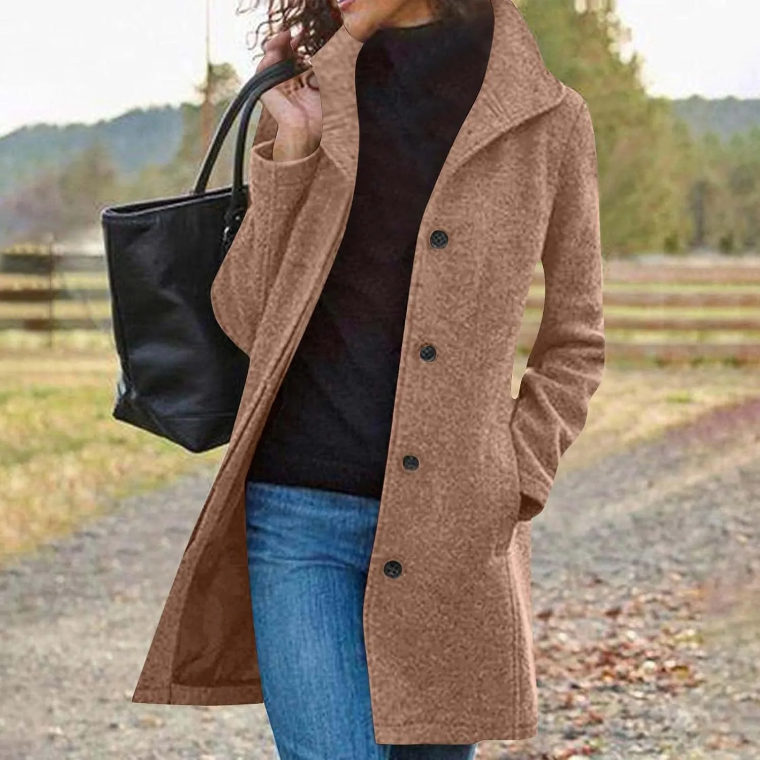Womens Pea Coat Casual Thicken Wool Blend Stand Collar Trench Coats Single Breasted Mid-Long Peacoat Jackets