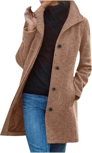 Womens Pea Coat Casual Thicken Wool Blend Stand Collar Trench Coats Single Breasted Mid-Long Peacoat Jackets
