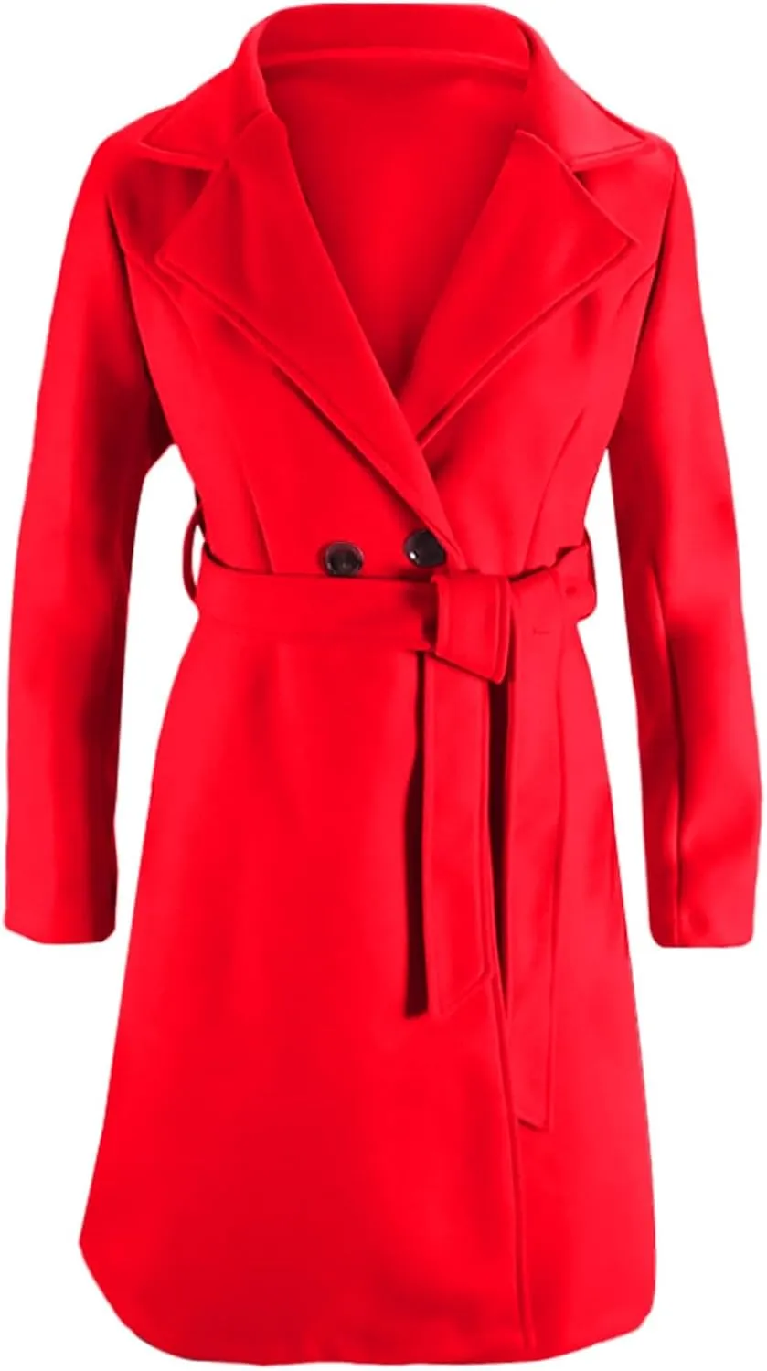 Womens Pea Trench Coats Notched Lapel Double Breasted Belted Business Casual Jackets Outerwear
