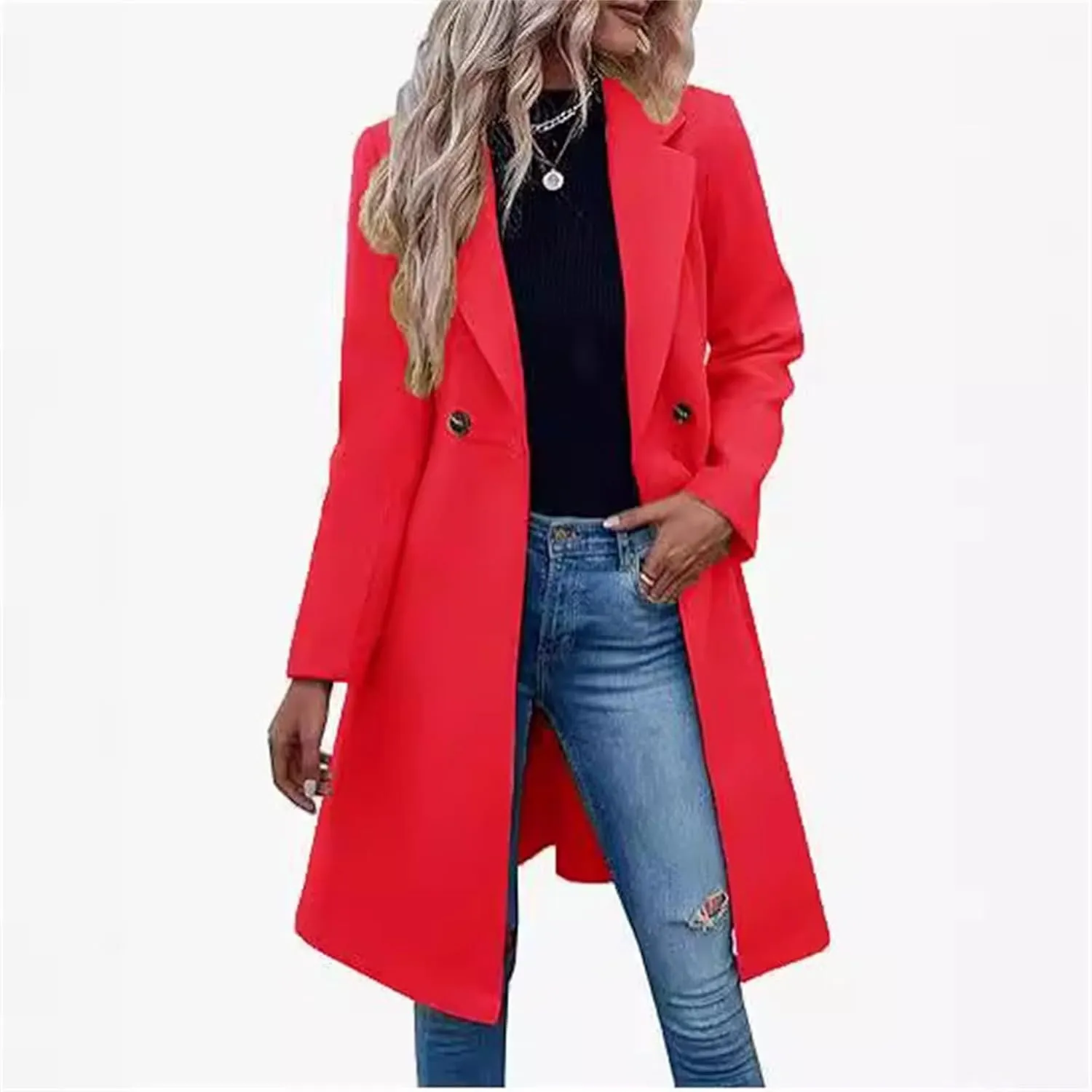 Womens Pea Trench Coats Notched Lapel Double Breasted Belted Business Casual Jackets Outerwear