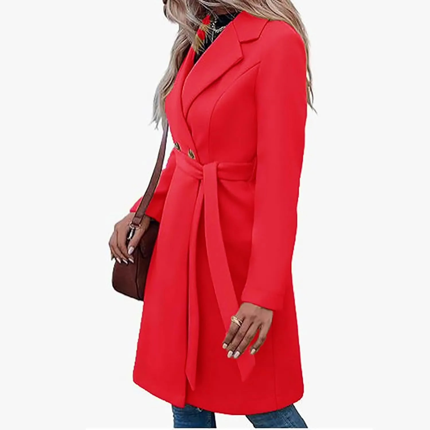 Womens Pea Trench Coats Notched Lapel Double Breasted Belted Business Casual Jackets Outerwear