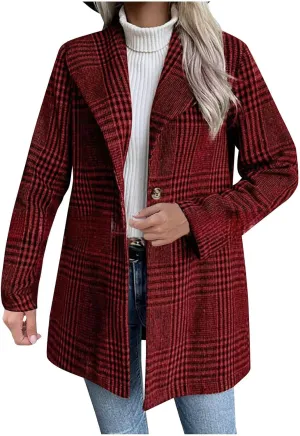 Womens Plaid Peacoat Wool Blend Single-Breasted Trench Coat Long Sleeve Casual Work Office Suit Jackets
