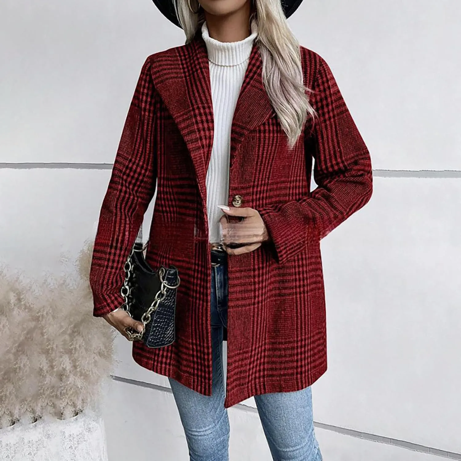Womens Plaid Peacoat Wool Blend Single-Breasted Trench Coat Long Sleeve Casual Work Office Suit Jackets