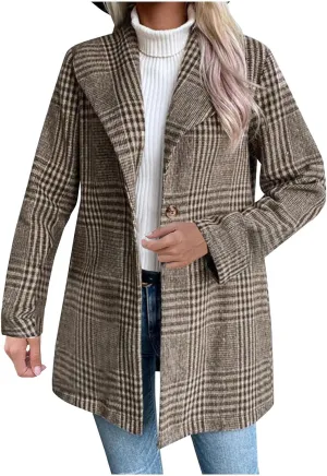 Womens Plaid Peacoat Wool Blend Single-Breasted Trench Coat Long Sleeve Casual Work Office Suit Jackets