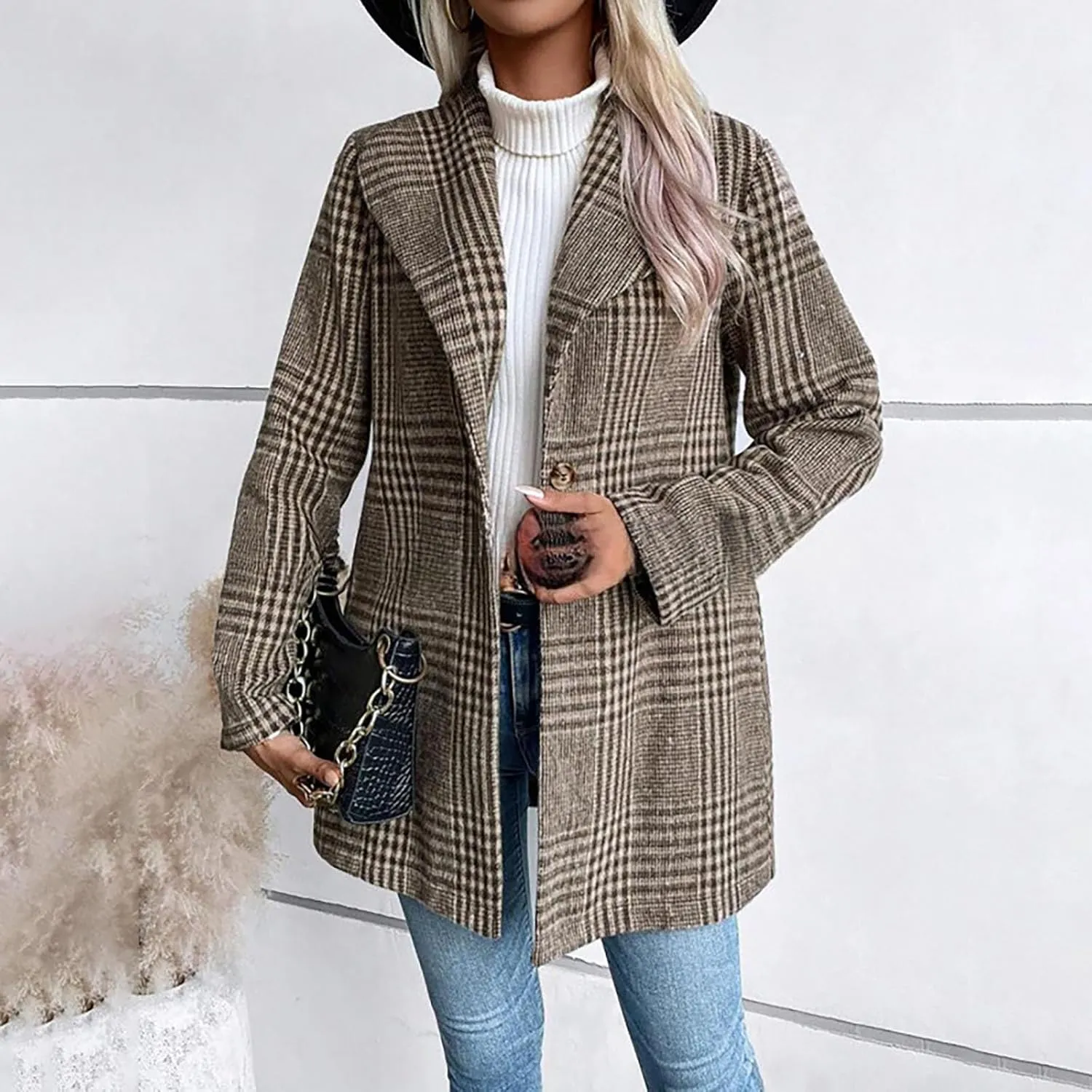Womens Plaid Peacoat Wool Blend Single-Breasted Trench Coat Long Sleeve Casual Work Office Suit Jackets
