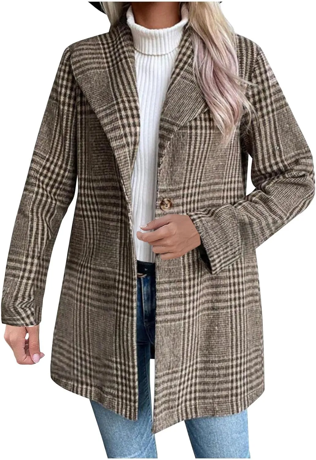 Womens Plaid Peacoat Wool Blend Single-Breasted Trench Coat Long Sleeve Casual Work Office Suit Jackets