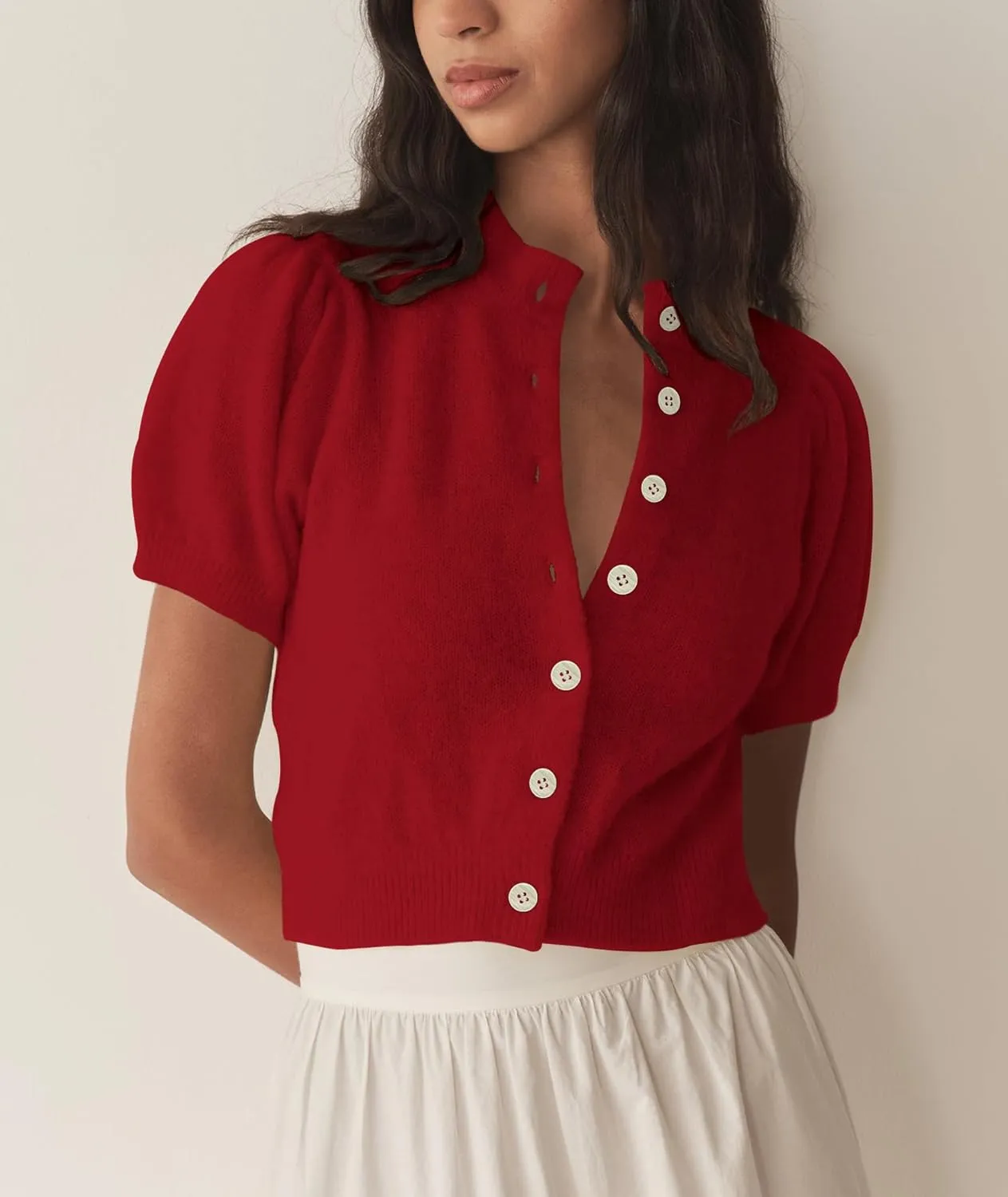 Womens Puff Short Sleeve Cardigan Sweaters Cropped Button up Thin Lightweight Y2k Knit Summer Cardigans