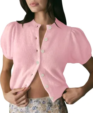 Womens Puff Short Sleeve Cardigan Sweaters Cropped Button up Thin Lightweight Y2k Knit Summer Cardigans