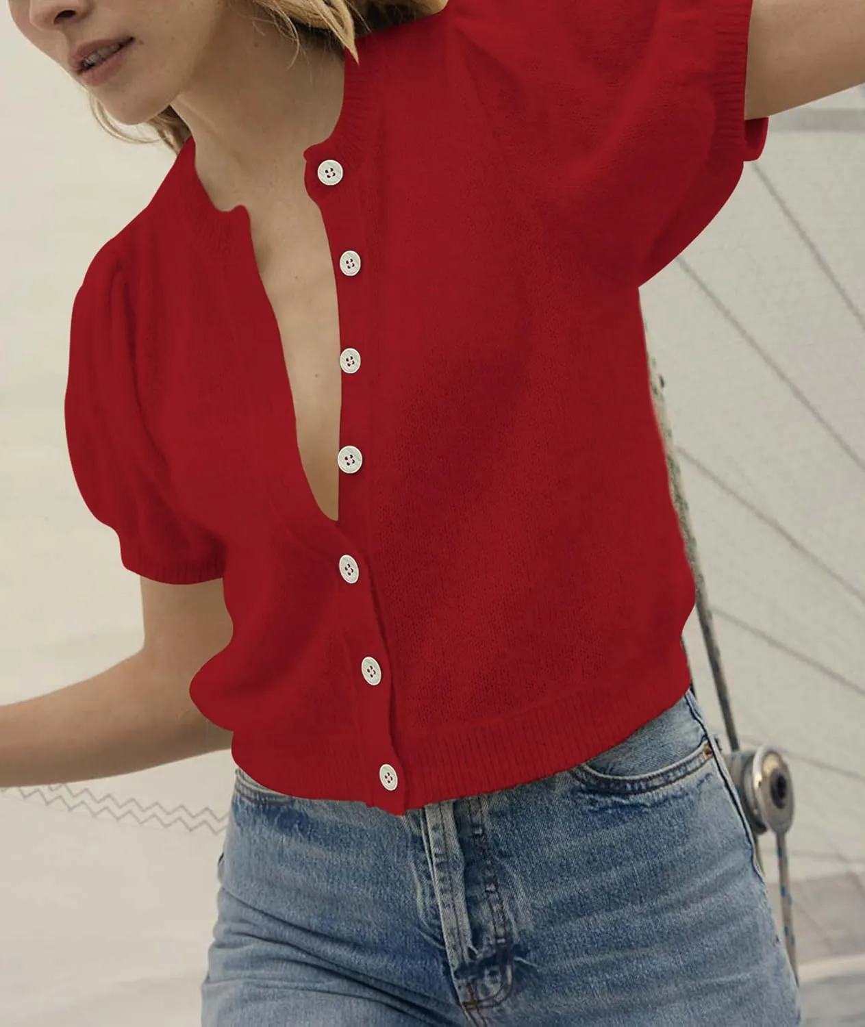 Womens Puff Short Sleeve Cardigan Sweaters Cropped Button up Thin Lightweight Y2k Knit Summer Cardigans