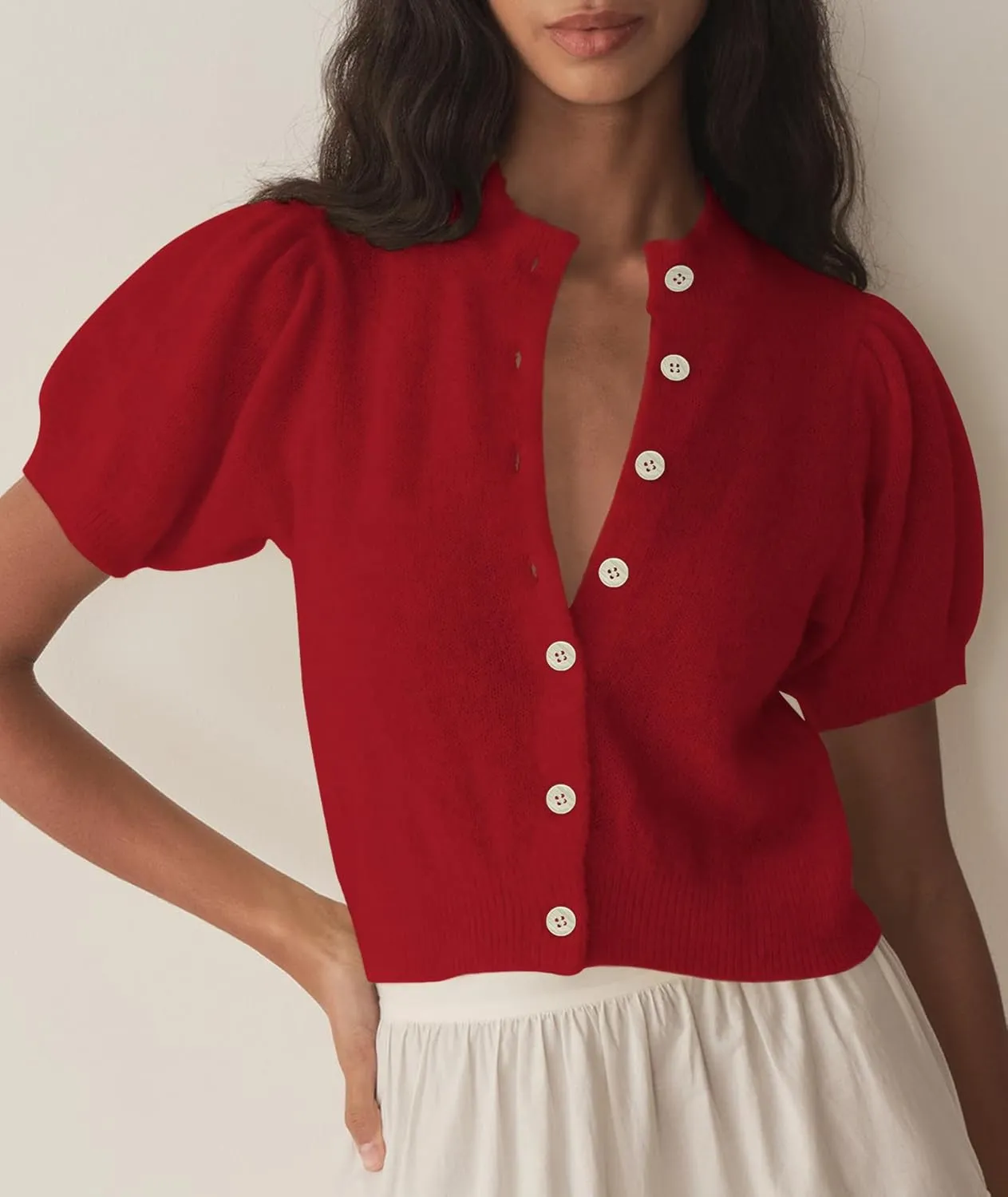 Womens Puff Short Sleeve Cardigan Sweaters Cropped Button up Thin Lightweight Y2k Knit Summer Cardigans