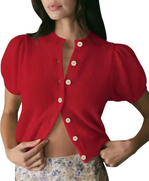 Womens Puff Short Sleeve Cardigan Sweaters Cropped Button up Thin Lightweight Y2k Knit Summer Cardigans