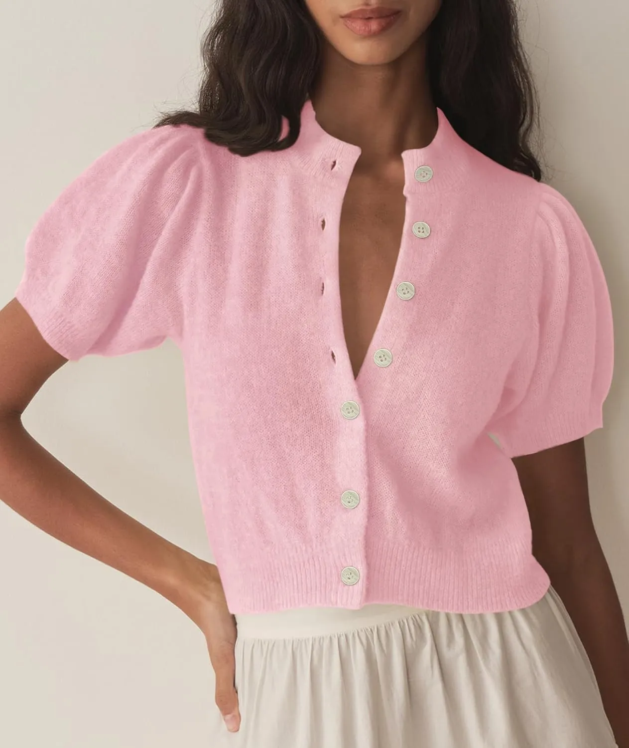 Womens Puff Short Sleeve Cardigan Sweaters Cropped Button up Thin Lightweight Y2k Knit Summer Cardigans