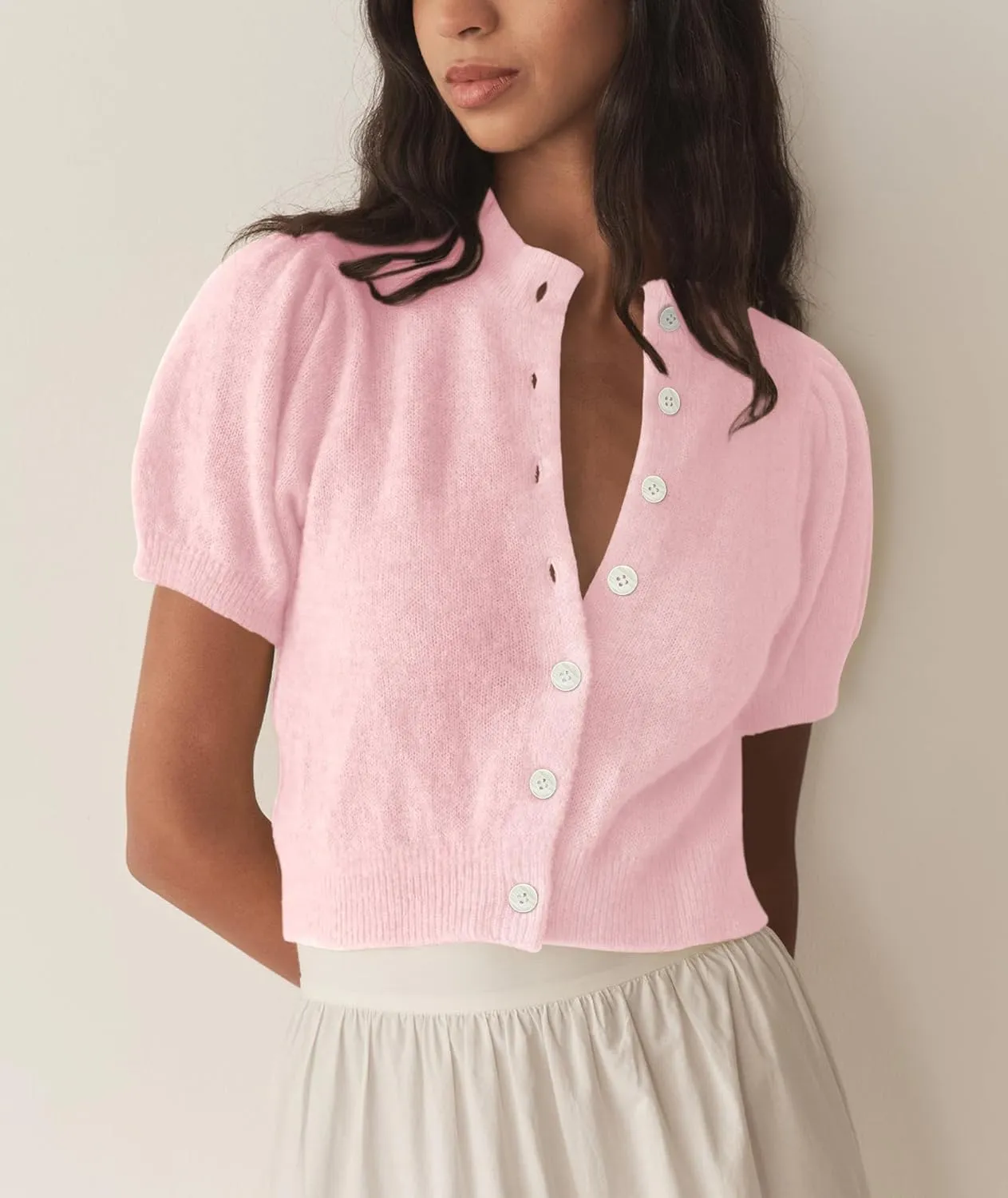 Womens Puff Short Sleeve Cardigan Sweaters Cropped Button up Thin Lightweight Y2k Knit Summer Cardigans