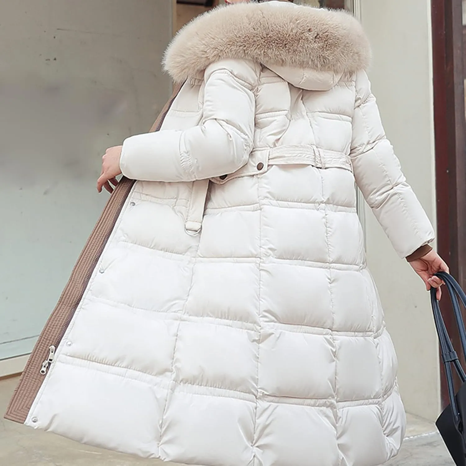 Womens Puffer Jacket Packable Down Coat With Faux Fur Hood Padded Quilted Outwear Thicken Waterproof Jacket Coats
