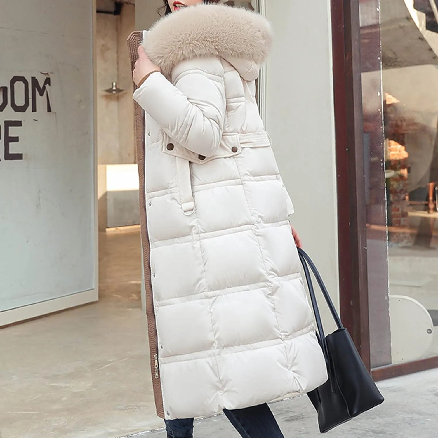 Womens Puffer Jacket Packable Down Coat With Faux Fur Hood Padded Quilted Outwear Thicken Waterproof Jacket Coats